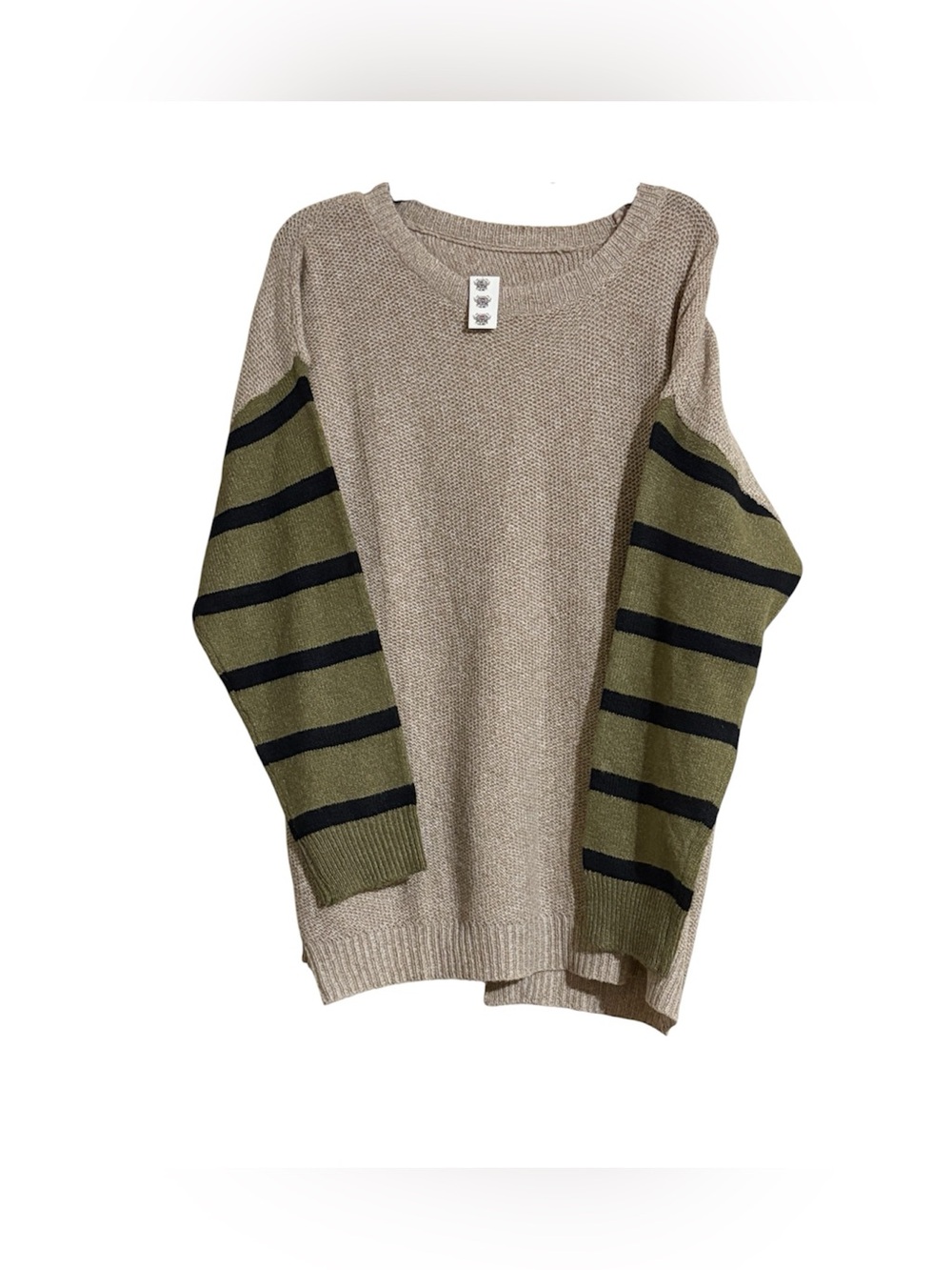 Open Back Neutral Crewneck Sweater with Olive & Black Striped Sleeves